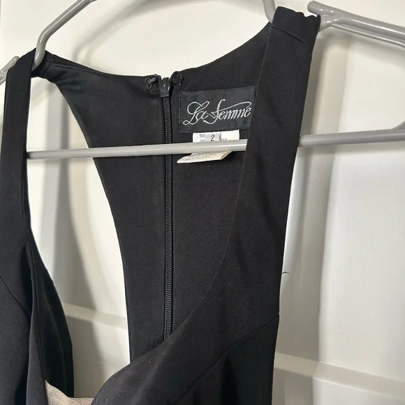 La Femme Black Sleeveless Halter Gown